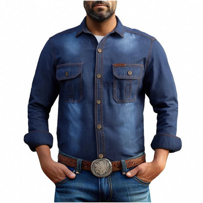Men Denim Casual Slim Shirts Male Cotton Light Blue Multi-pocket Tooling Shirts Quality Man Large Long-sleeved Shirts Size 3XL