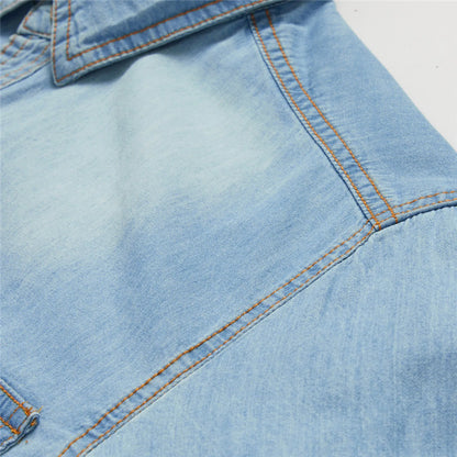 Men Denim Casual Slim Shirts Male Cotton Light Blue Multi-pocket Tooling Shirts Quality Man Large Long-sleeved Shirts Size 3XL