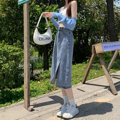 Denim Skirts Spliced Washed Ankle Length Skirt Women High Waist Solid Zipper Fly Loose Distressed Straight Pockets Basics