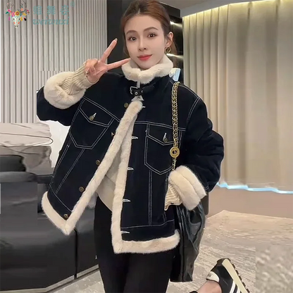 Women Thicken Warm Denim Jacket Lapel Collar Retro Parkas Winter Inner Layer with Velvet Denim Coats Patchwork Causal Outerwear