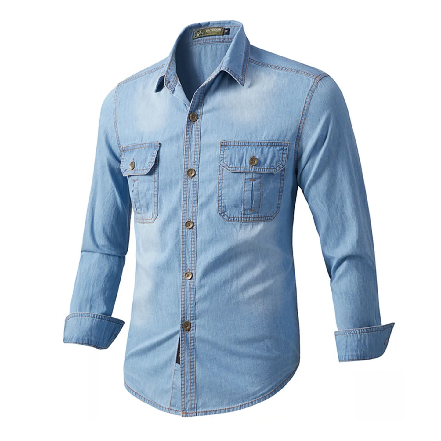 Men Denim Casual Slim Shirts Male Cotton Light Blue Multi-pocket Tooling Shirts Quality Man Large Long-sleeved Shirts Size 3XL