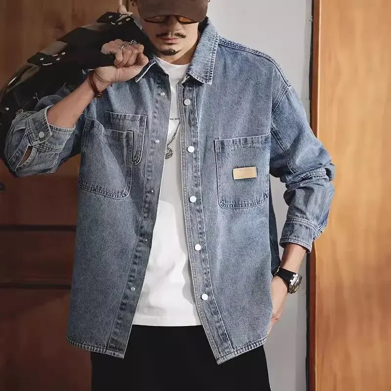 American Classic Denim Shirt Men's Long-sleeved Autumn and Winter Trendy Brand Loose Casual Tooling Jacket, Coat