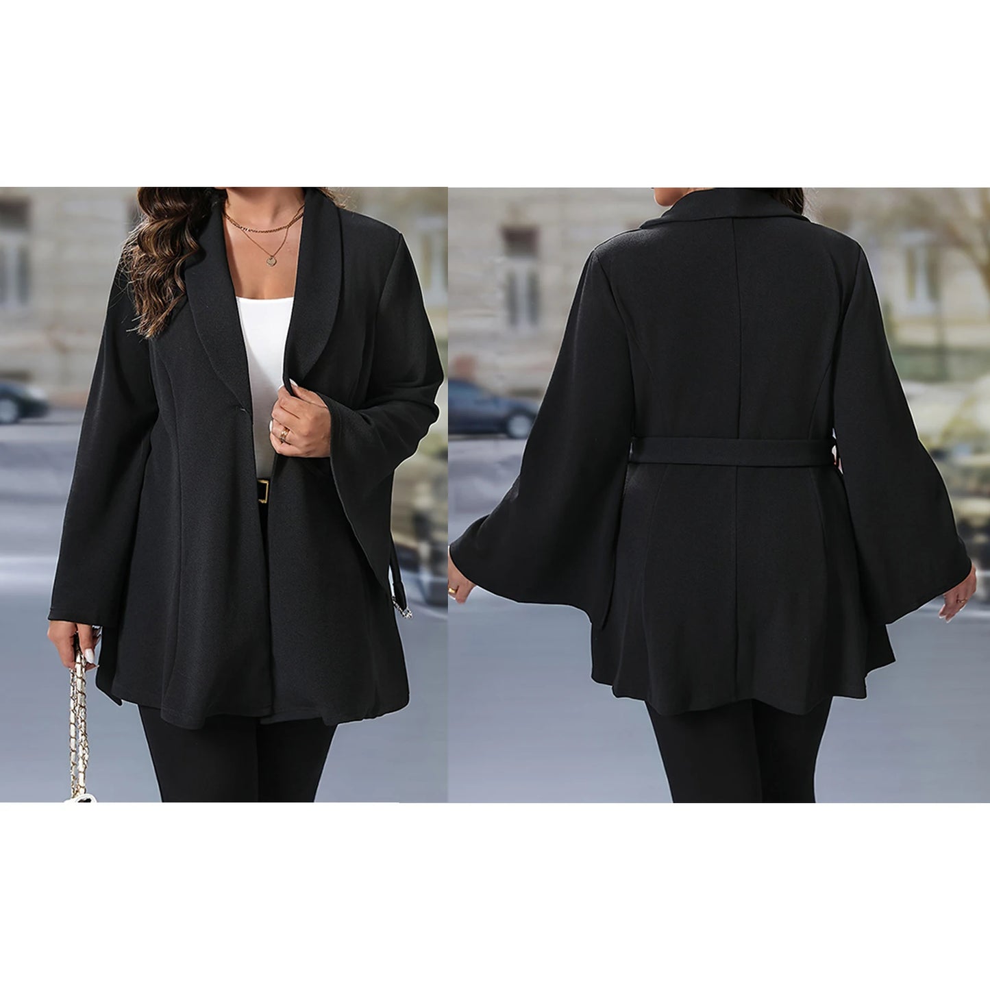 Women's Plus Size Blazer, Solid Color Long Flare Sleeve Lapel V-Neck One Button Coat Work Office Jacket Clothing