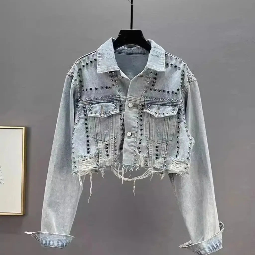 Women's Diamond Beaded Denim Jacket Heavy Industry Rivet Detail Worn Look European Station Fashion Top